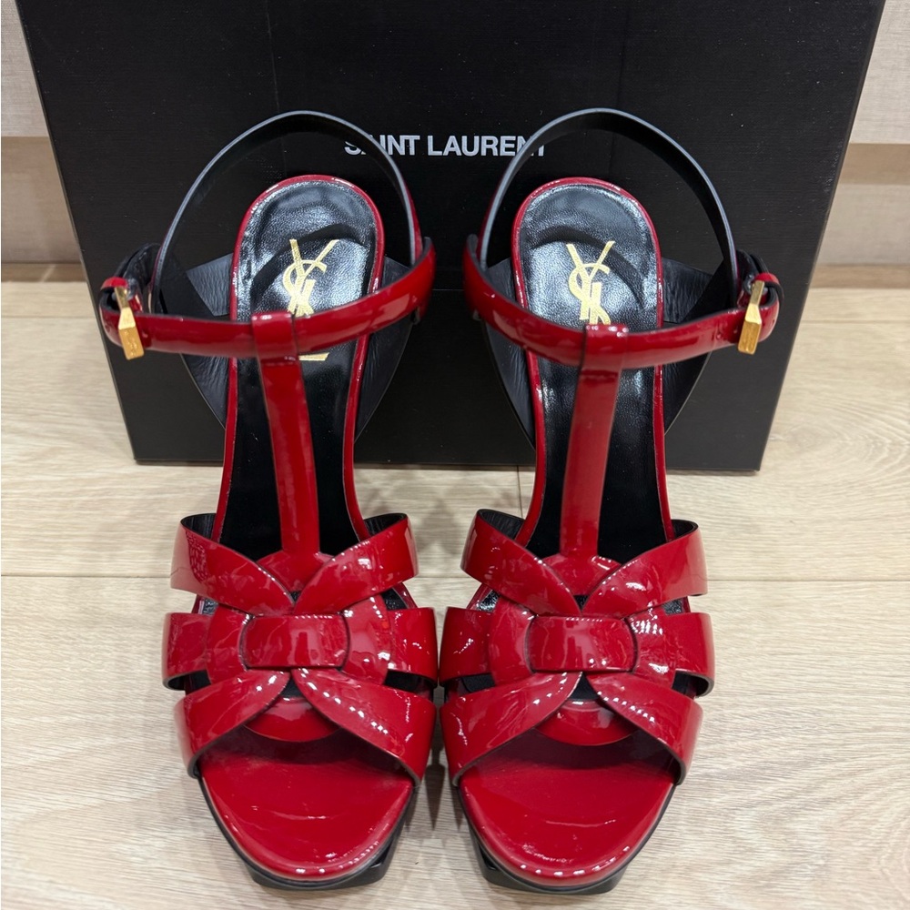 YSL Yves Saint Laurent Heel Tribute Sandals- Dark Red- burgandy Size 38 NIB